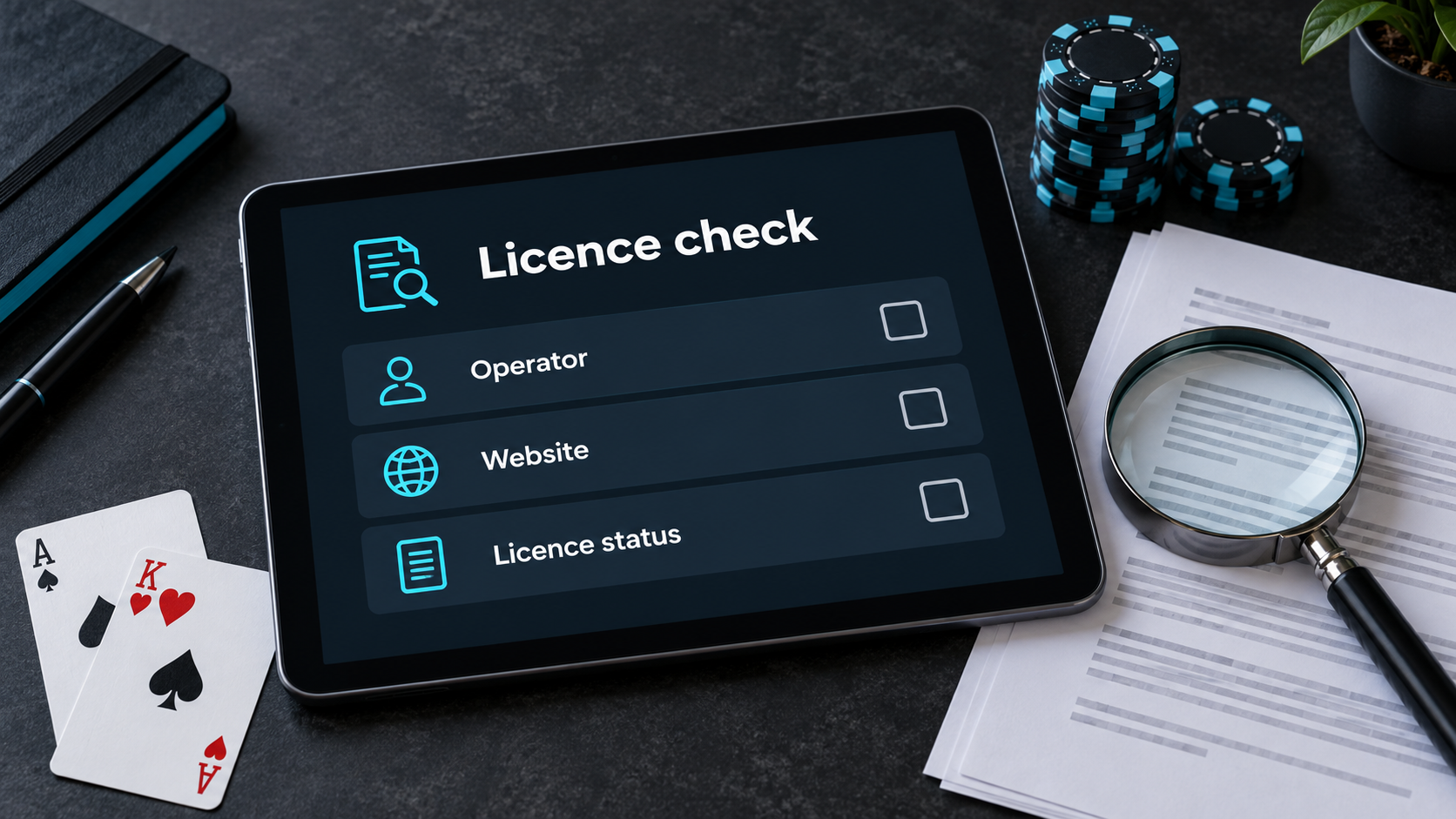 Illustration of a casino licence checklist on a tablet beside casino chips and a magnifying glass