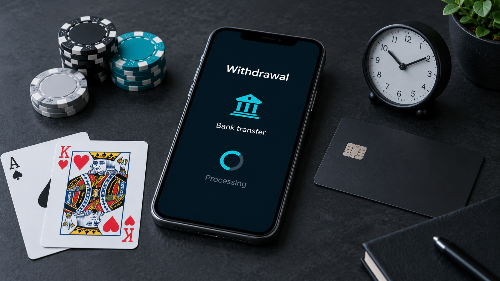 Illustration of a casino withdrawal processing on a phone beside casino chips, a bank card and a clock